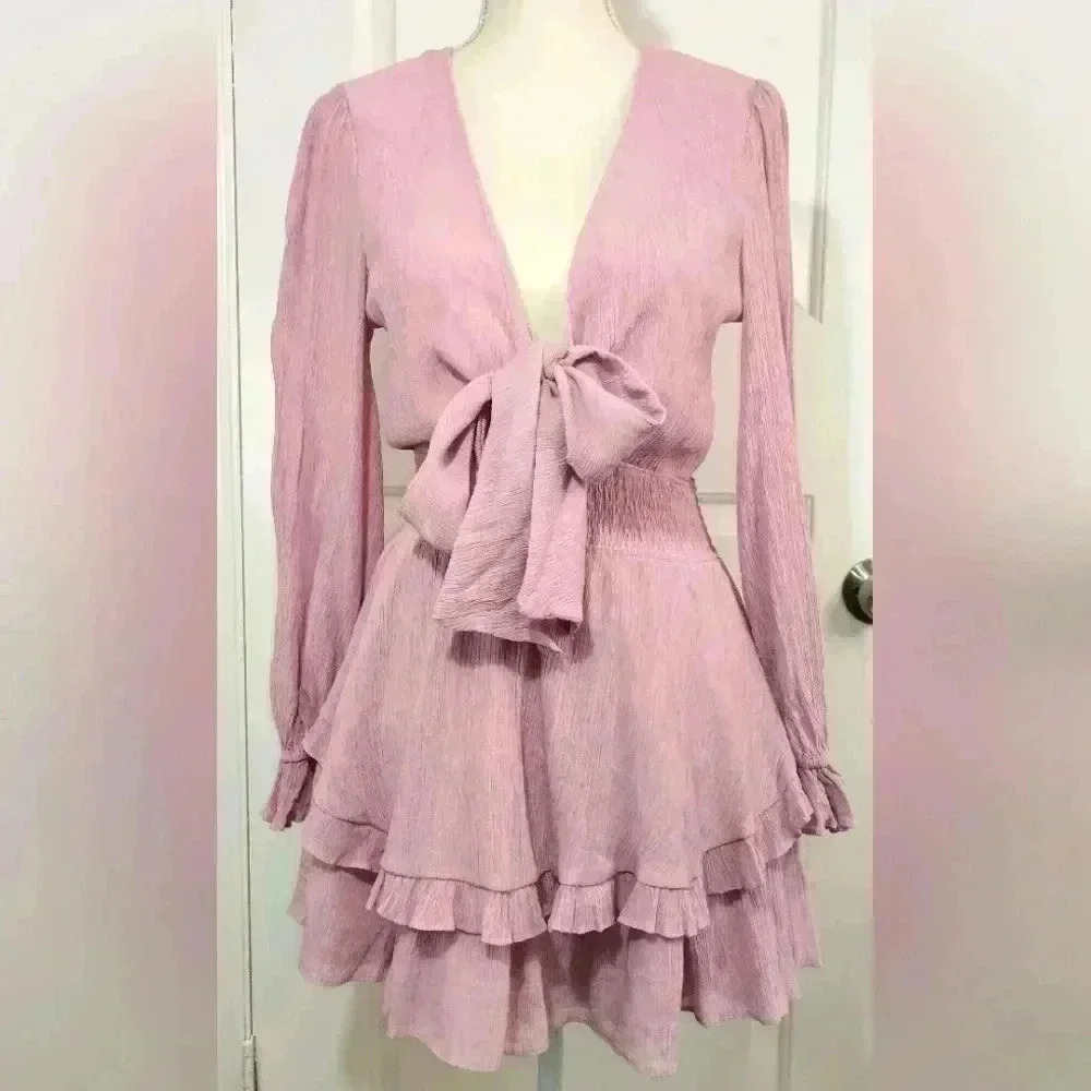 ETIQUETTE‎ Lavender Textured Tie Front Tiered Ruffle Mini Dress Sz Small